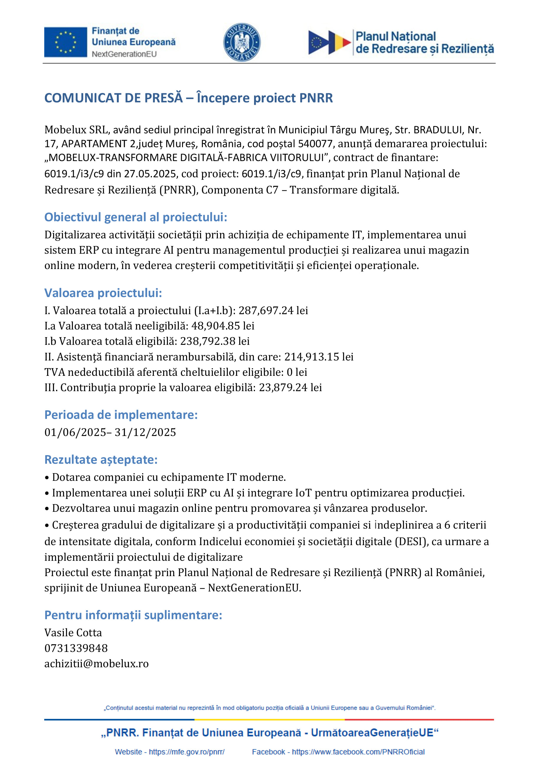 Anunt Incepere Proiect PNRR